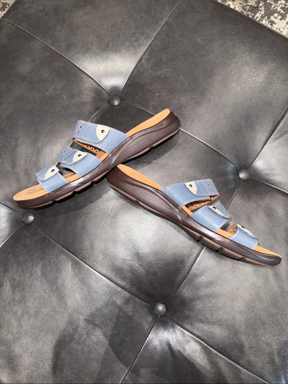 Clarks Women's Kitly Walk Light Blue Triple-Strap Laser-Cut Slide Sandals - Picture 7 of 13